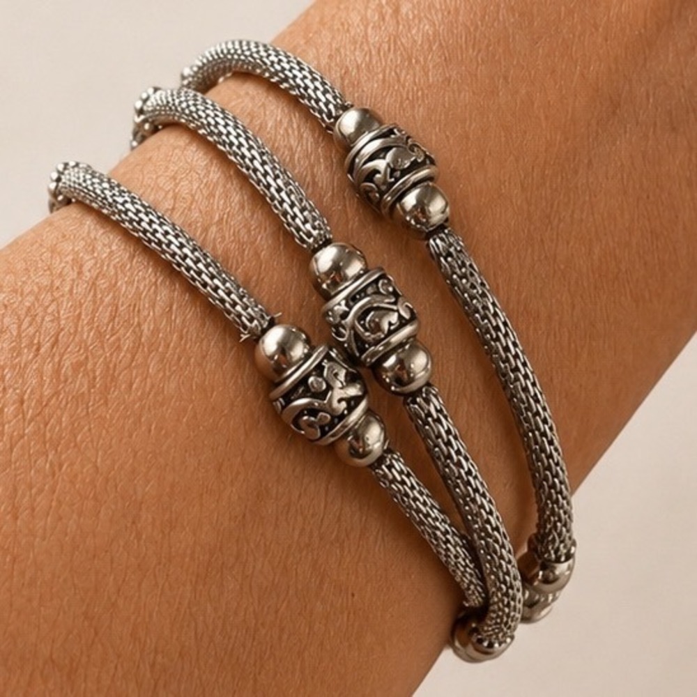 Silver Tone Popcorn Mesh Wrap Bracelet Oxidized Scrollwork Filigree Beads